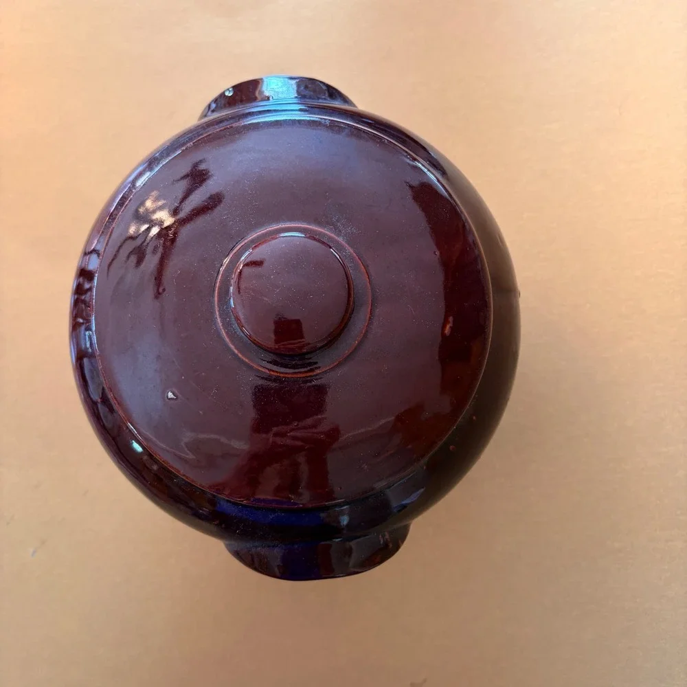 Vintage USA Pottery Brown Glazed Bean Pot with Lid Stoneware Casserole Dish 8in